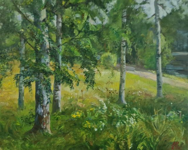 550€ 2026, Heinäkuinen koivikko, Öljy kankaalle 40x49cm