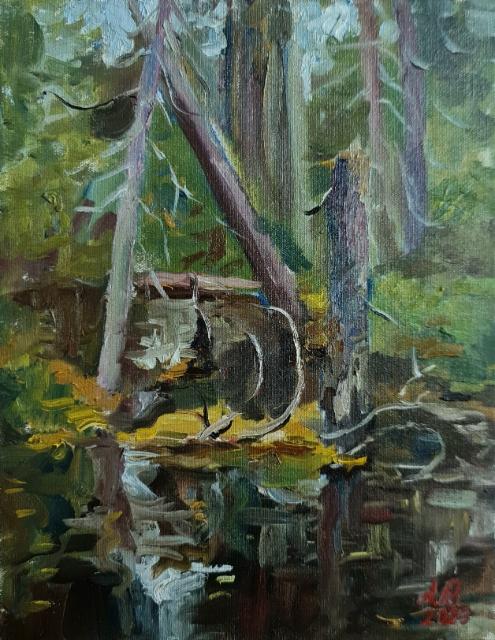 250€ 2023, Metsälampi, Öljy kankaalle 27x35cm