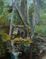 250&euro; 2023, Mets&auml;lampi, &Ouml;ljy kankaalle 27x35cm