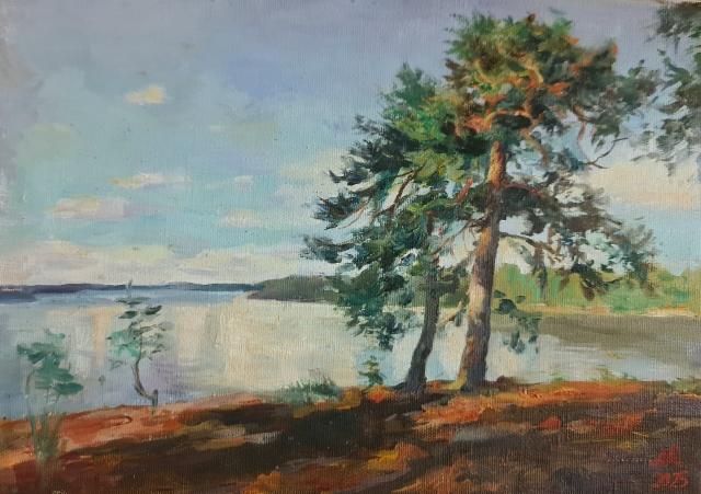SOLD 2025, Aamu Saimaan rannalla, luonnos maalaukseen "Kimmeltää kesäinen aamu", Öljy kankaalle 24x33cm