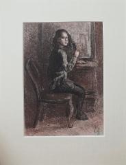 350&euro; 2023, Peilin edess&auml;, hiili, seepia ja punaliitu paperille 23,5x16,5cm