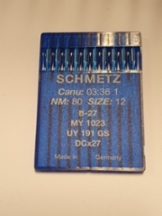 Ompelukoneen neula SCHMETZ 10 kpl/paketti (Canu: 03:36 1 / NM 80 size 12 / B-27 / MY1023 / UY 191 GS / DCx27) Made in Germany Hinta