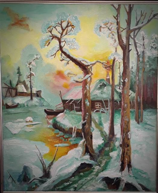 Talvinen auringonlasku joki ja talo(Klever)