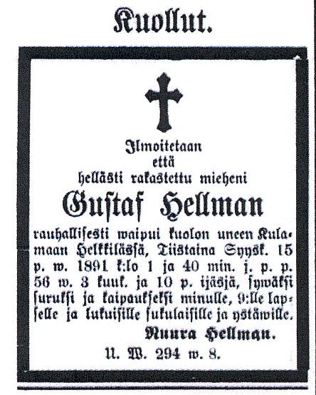 gustafin kuolinilmoitus 16.9.1891