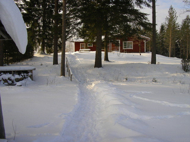 lumipolku rannasta talolle
