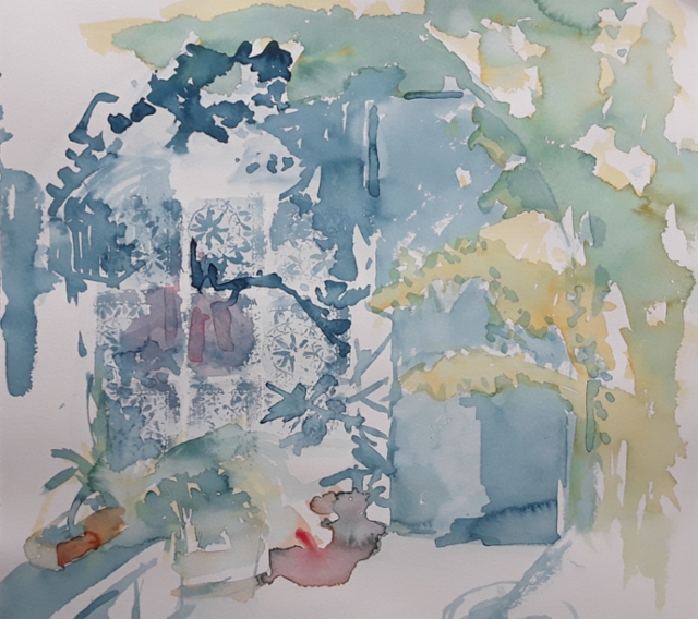 Puutarhan uumenissa, Saint Pons, akvarelli, 37 x 37 cm