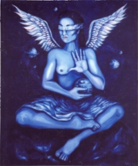 Puhu k&auml;delle, punnitsen palloa (talk to the hand, weighting spere), 70 x 85 cm. Oil on cavas.