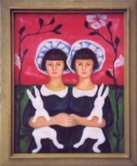 J&auml;n&ouml;kaksoset (hare twins), 50x60 cm, oil on board.