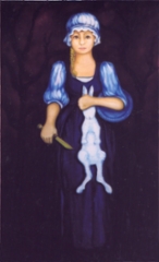 Piika, pupu ja puukko (maiden, bunny and knife), 80x100 cm, oil on wood.