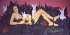 Tissit ja silm&auml;tt&ouml;m&auml;t puput (boobs and eyeless bunnies), 60 x 120 cm, oil on canvas. 