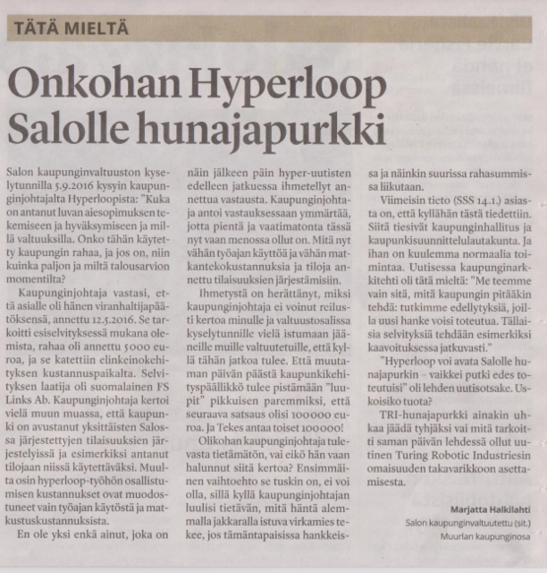 Onkohan Hyperoloop Salolle hunajapurkki? sss 17.1.2017