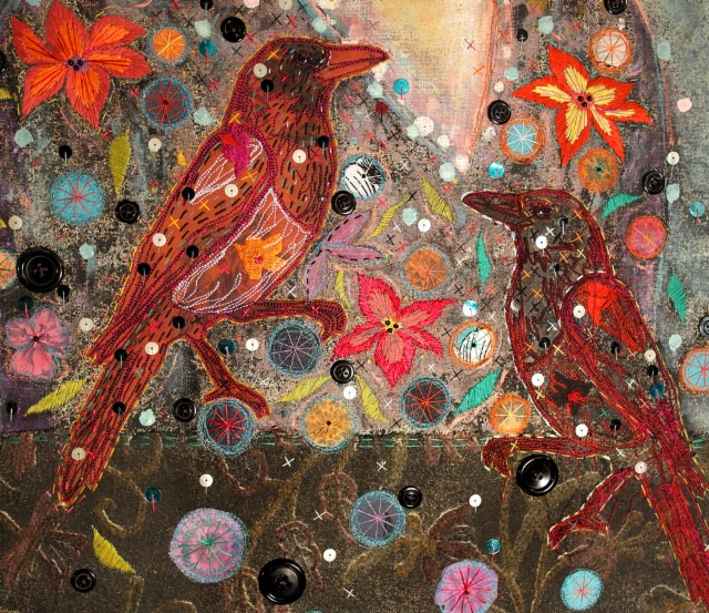 Lähikuva teoksesta, Omakuva lintujen ja kukkasten kera, 2015