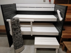Kotimainen kuusilankku 48x200mm + liberon valkoinen s&auml;vytys lauteissa sek&auml; liberon musta paneeleissa