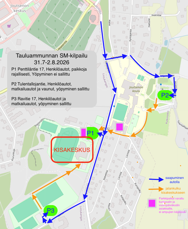 Kisakeskuksen parkkialuekartta: P1 Penttil�ntie 17, P2 Tulentallojantie, P3 Ravitie 17, sek� saapumis- ja jalankulkureitit